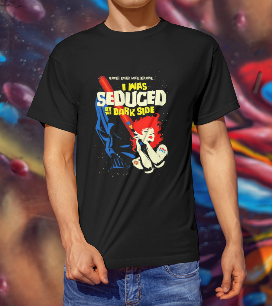 I Was Seduced By The Dark Side Cartoon Darth Vader And Redhead Woman T-Shirt