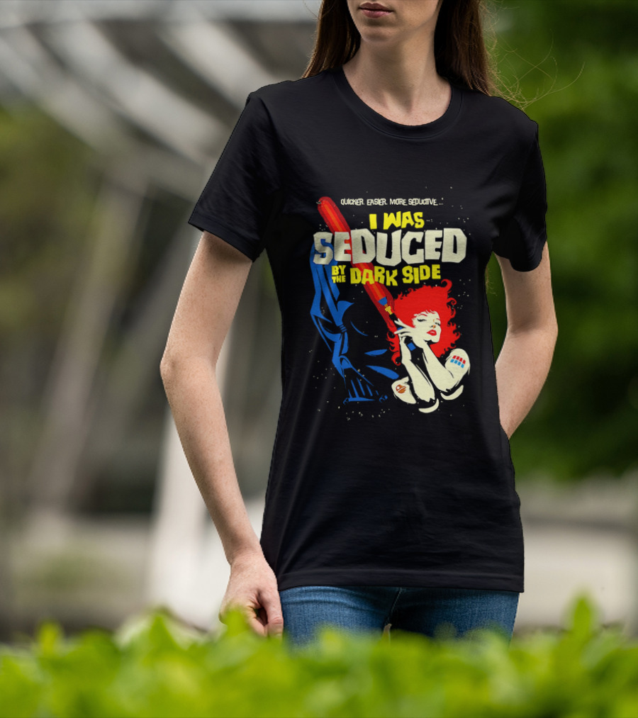 I Was Seduced By The Dark Side Cartoon Darth Vader And Redhead Woman T-Shirt