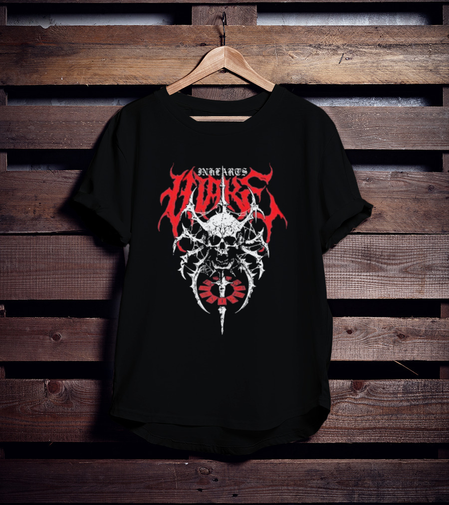 In Hearts Wake Skeletal Skull Red Text T-Shirt