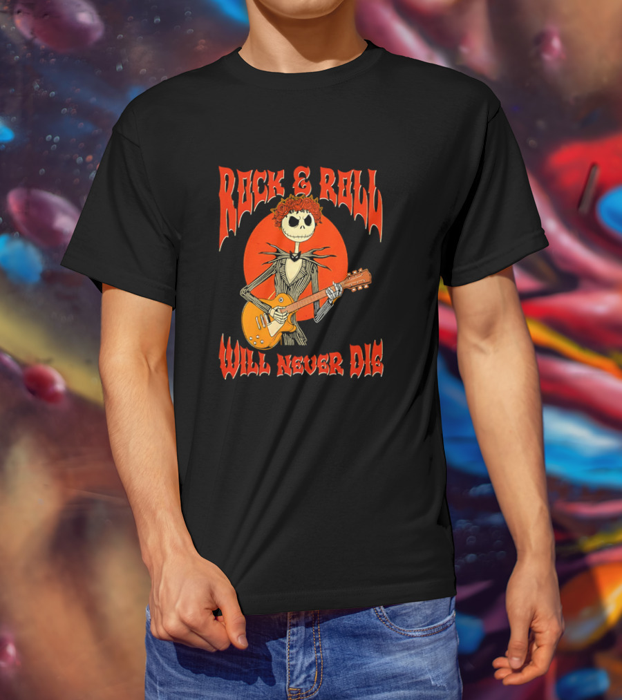 Rock And Roll Will Never Die Jack Skellington Playing Guitar T-Shirt