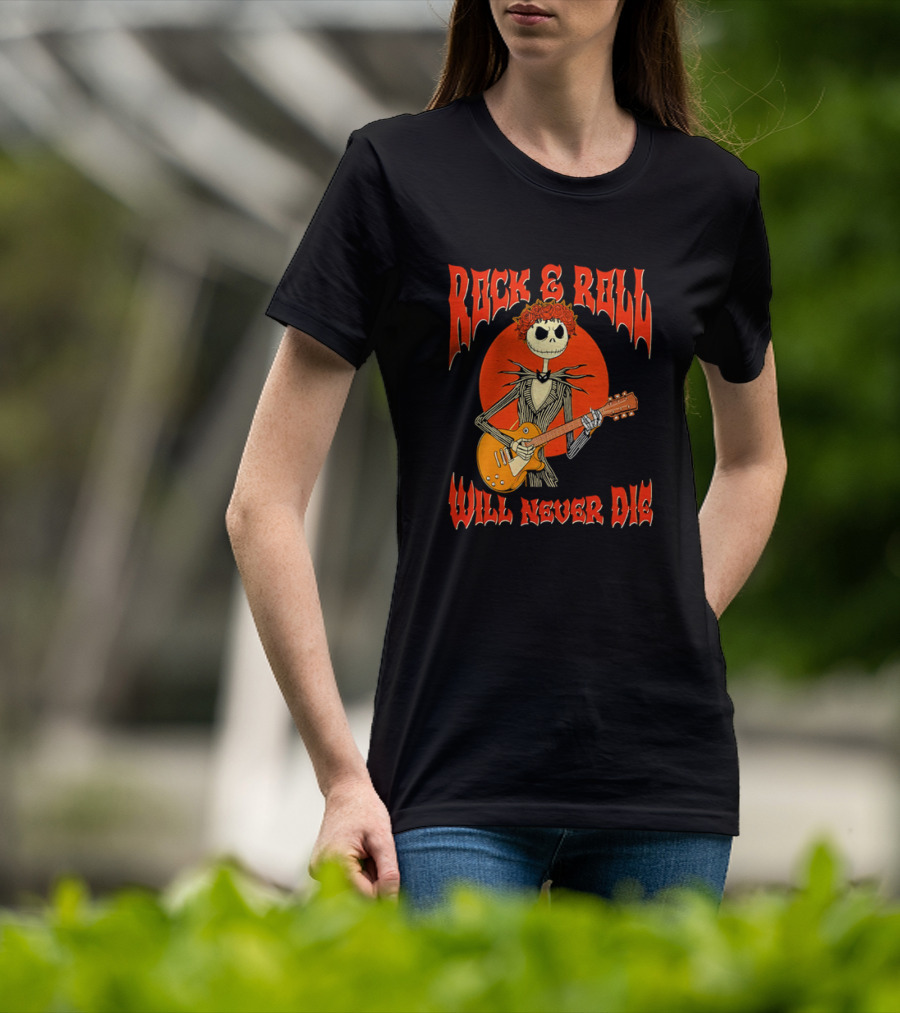 Rock And Roll Will Never Die Jack Skellington Playing Guitar T-Shirt