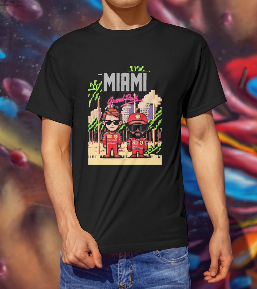 Lewis Hamilton Charles Leclerc Ferrari Team Pixel Style Miami Grand Prix 2025 T-Shirt