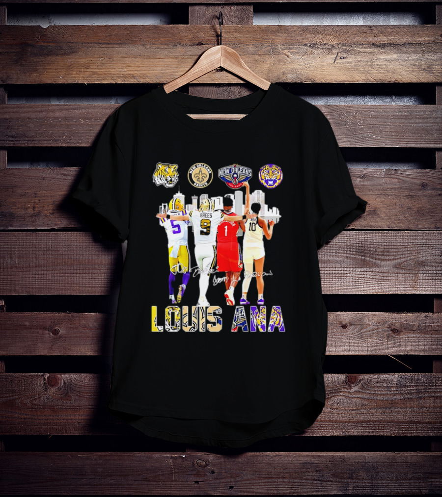 Louisiana Sports Teams 2025 Signatures Skyline Drew Brees Tiger Saint Pelican LSU T-Shirt