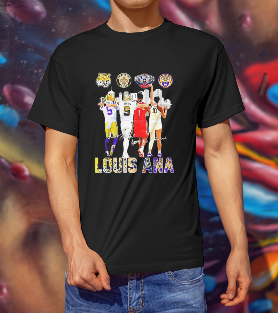 Louisiana Sports Teams 2025 Signatures Skyline Drew Brees Tiger Saint Pelican LSU T-Shirt