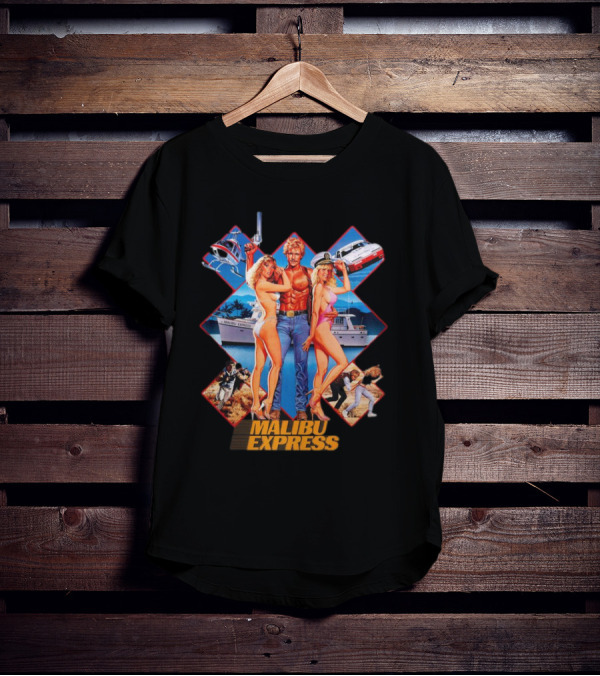 Malibu Express Action Movie 1985 Art With Yacht And Helicopter T-Shirt