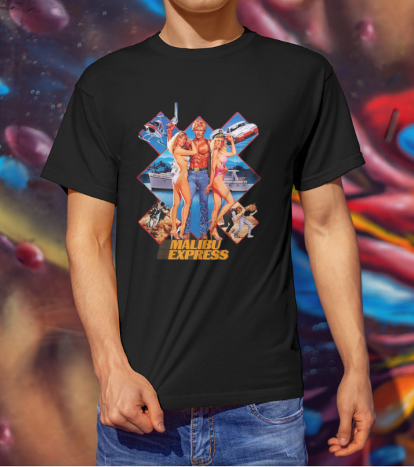 Malibu Express Action Movie 1985 Art With Yacht And Helicopter T-Shirt