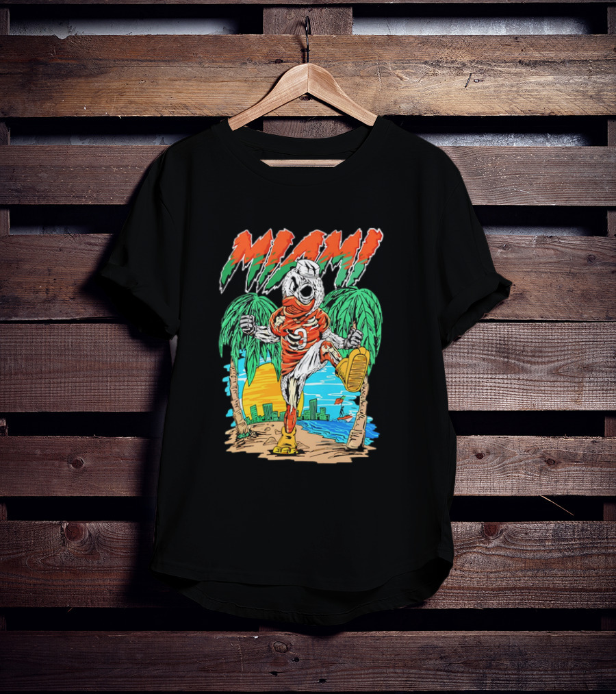 Miami Hurricanes Sebastian The Ibis Palm Trees Cityscape Sunrise T-Shirt