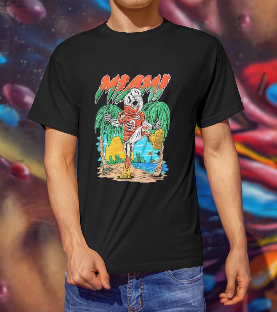 Miami Hurricanes Sebastian The Ibis Palm Trees Cityscape Sunrise T-Shirt