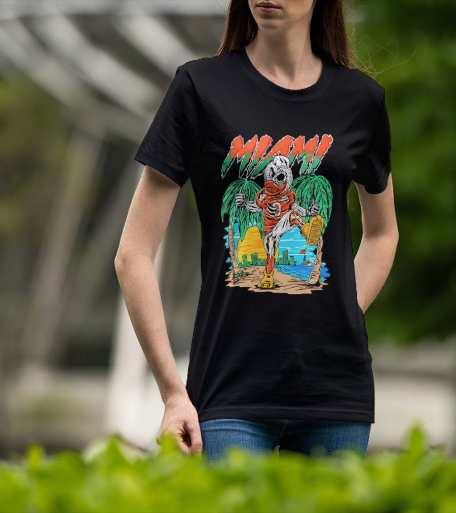 Miami Hurricanes Sebastian The Ibis Palm Trees Cityscape Sunrise T-Shirt
