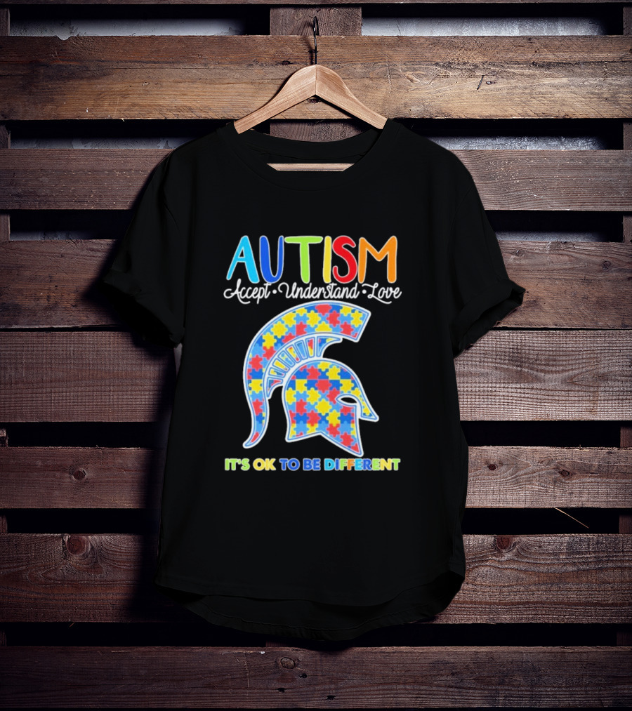 Autism Accept Understand Love It's OK To Be Different Puzzle Pattern Spartan Helmet T-Shirt