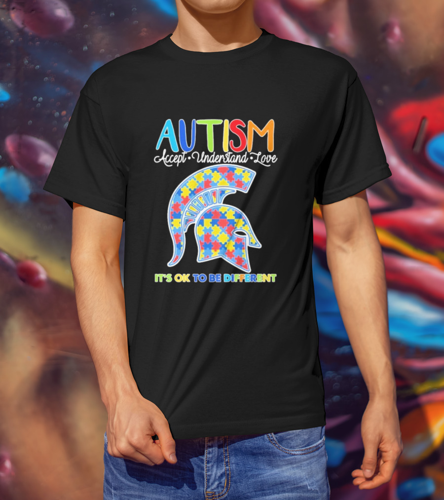 Autism Accept Understand Love It's OK To Be Different Puzzle Pattern Spartan Helmet T-Shirt