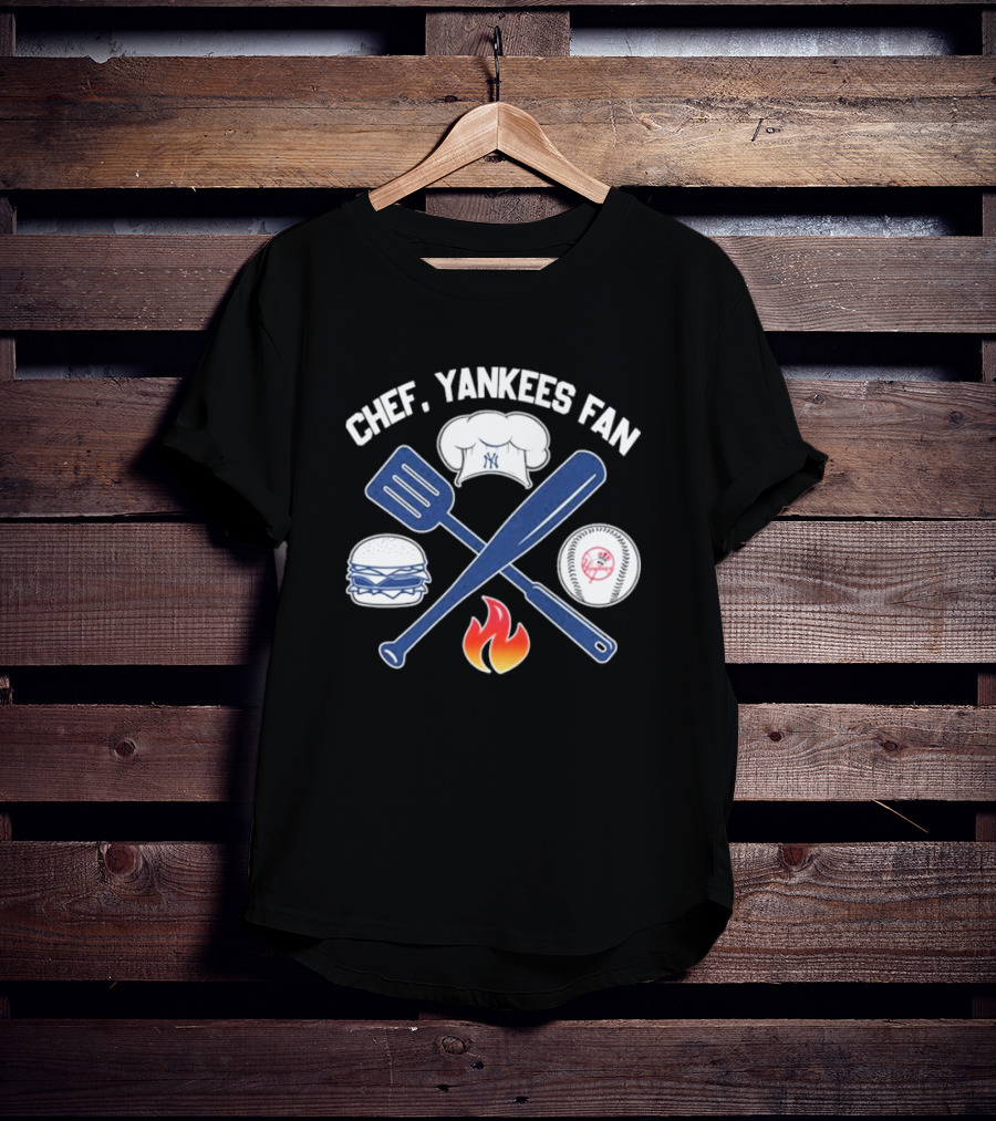 Chef Yankees Fan Hamburgers BBQ Baseball Cap Crossed Spatula Bat Fire Icon T-Shirt