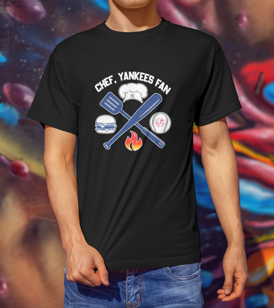 Chef Yankees Fan Hamburgers BBQ Baseball Cap Crossed Spatula Bat Fire Icon T-Shirt