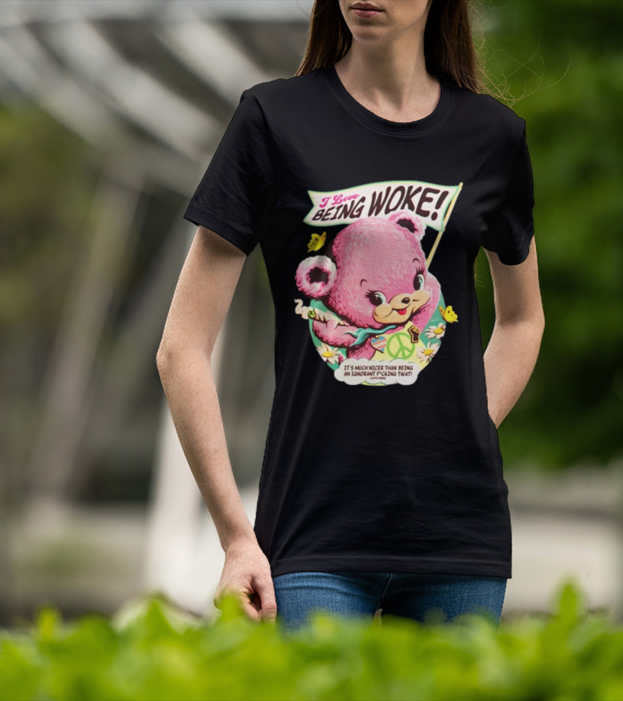 I Love Being Woke Cute Pink Bear Peace Symbol Butterflies T-Shirt