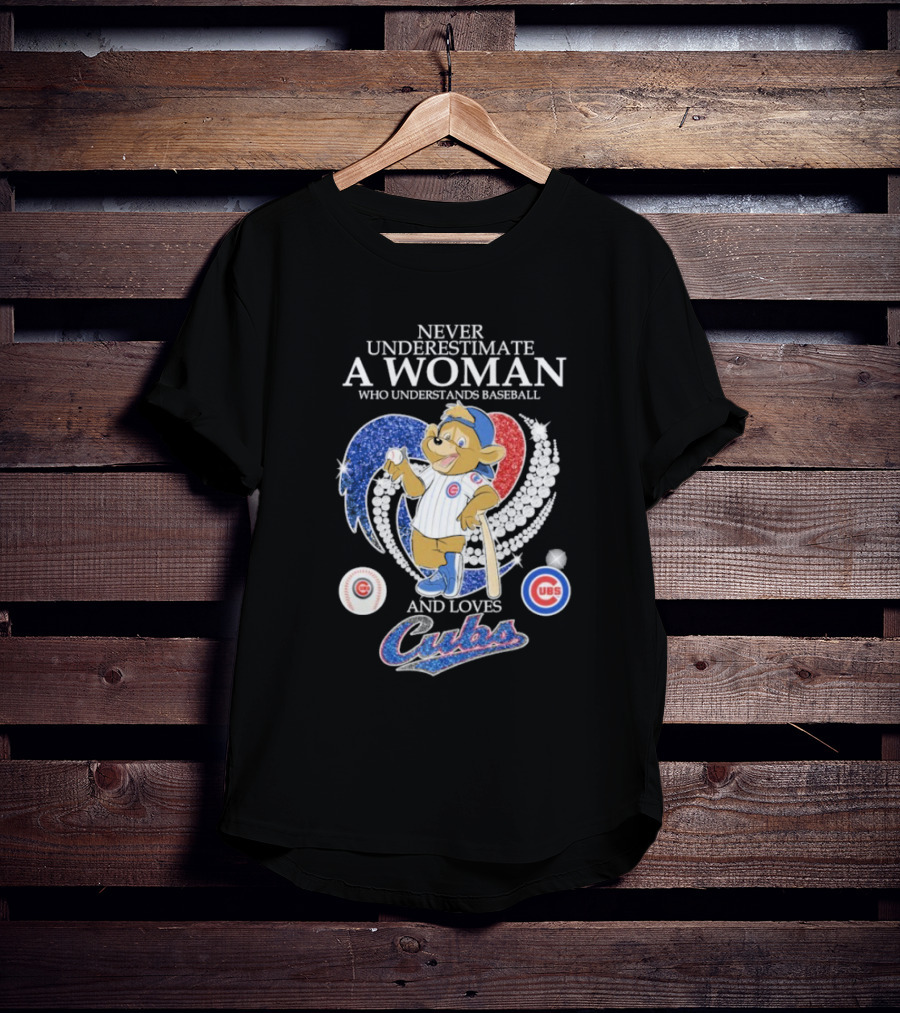 Never Underestimate A Woman Who Understands Baseball And Loves Cubs Chicago Mascot Clark Diamond Heart T-Shirt