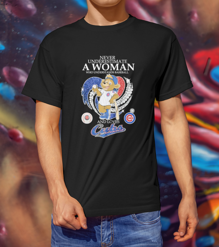 Never Underestimate A Woman Who Understands Baseball And Loves Cubs Chicago Mascot Clark Diamond Heart T-Shirt