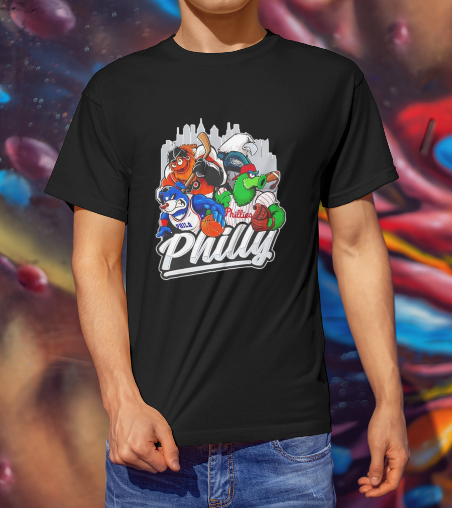 Philly Sports Mascots Basketball Baseball Hockey City Skyline T-Shirt
