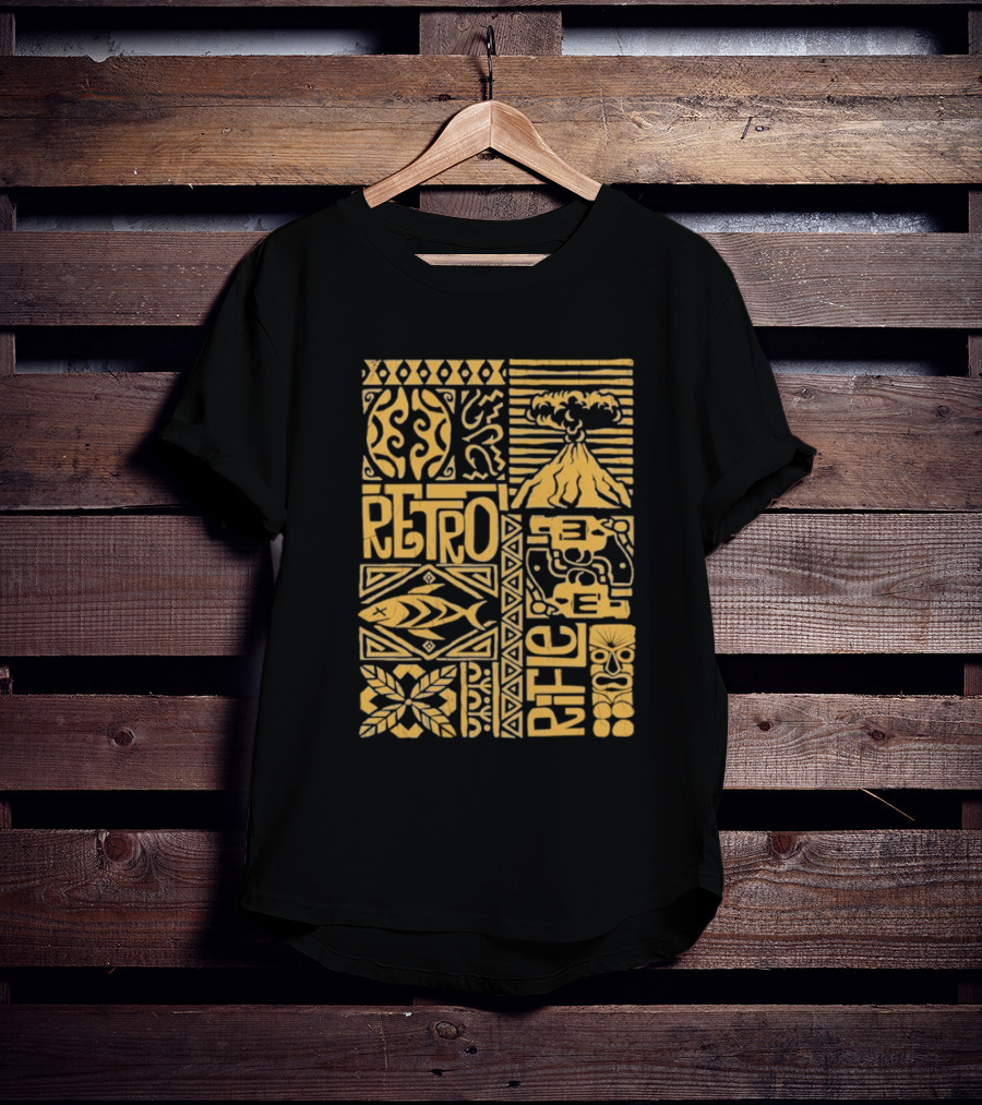Retro Rifle Lei Em Down Pacific Island Tiki Volcano Palm Tree Ocean Waves Design T-Shirt