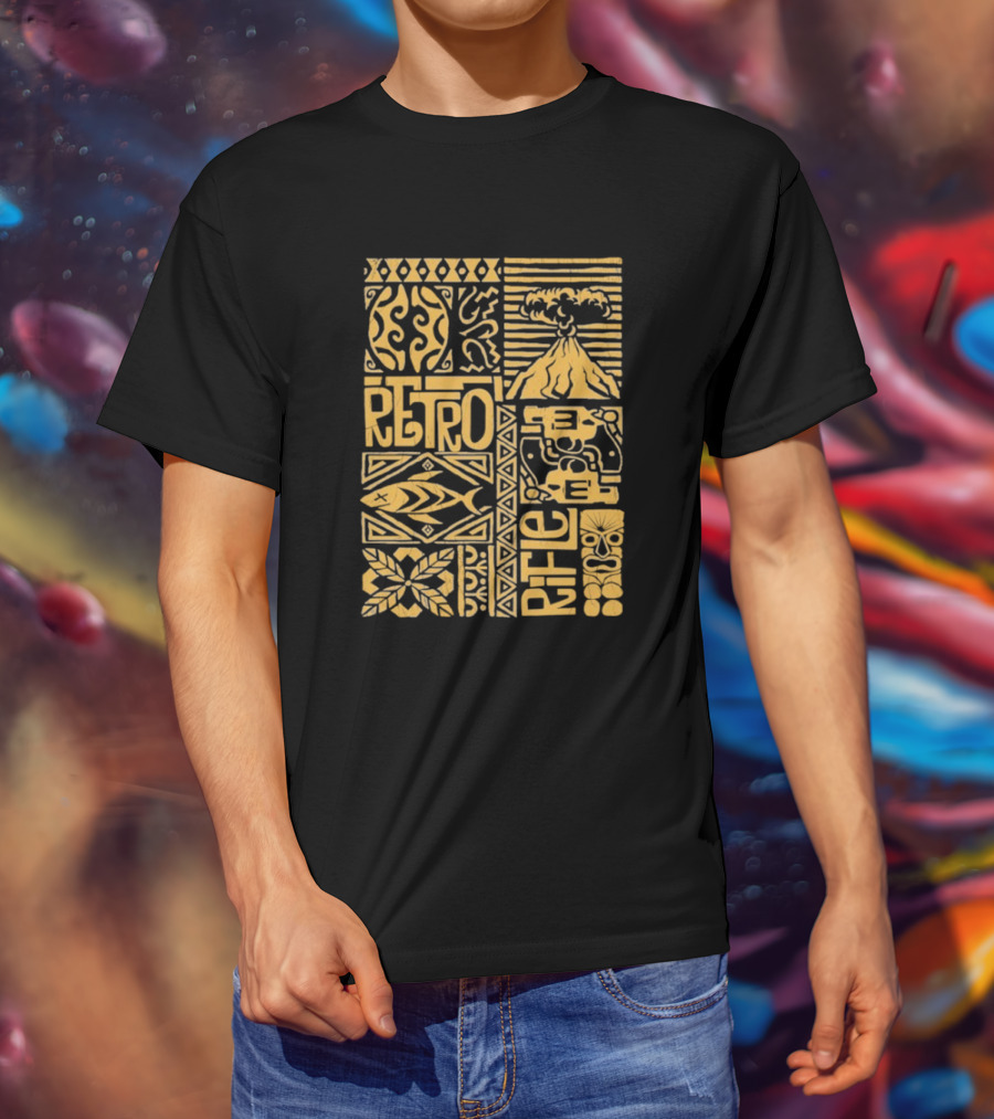 Retro Rifle Lei Em Down Pacific Island Tiki Volcano Palm Tree Ocean Waves Design T-Shirt