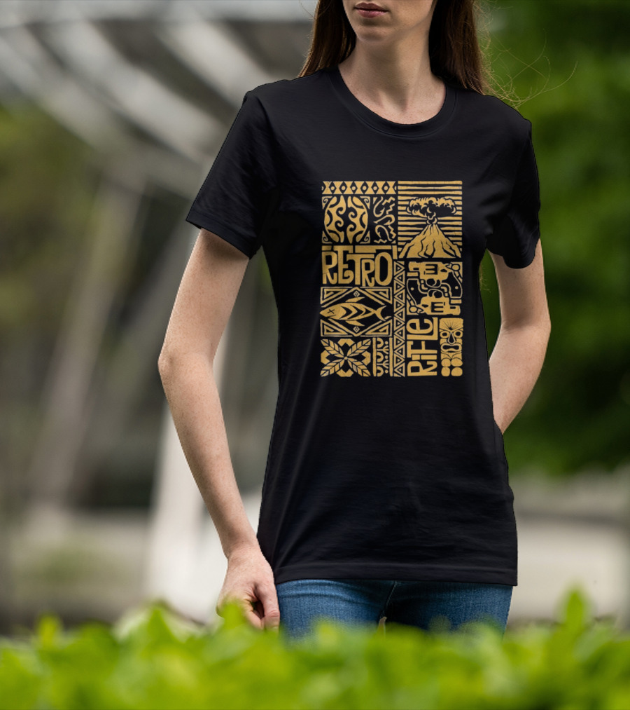 Retro Rifle Lei Em Down Pacific Island Tiki Volcano Palm Tree Ocean Waves Design T-Shirt