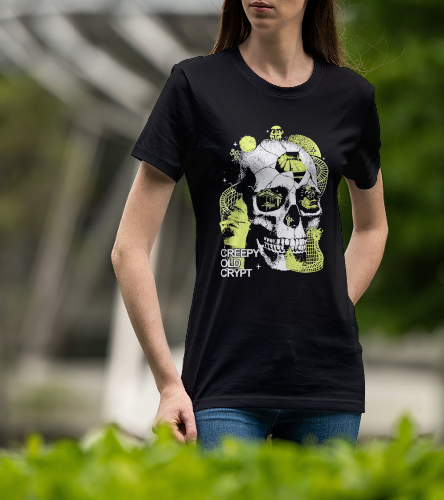 Rocco Botte Creepy Old Crypt Skull Neon Aesthetic T-Shirt