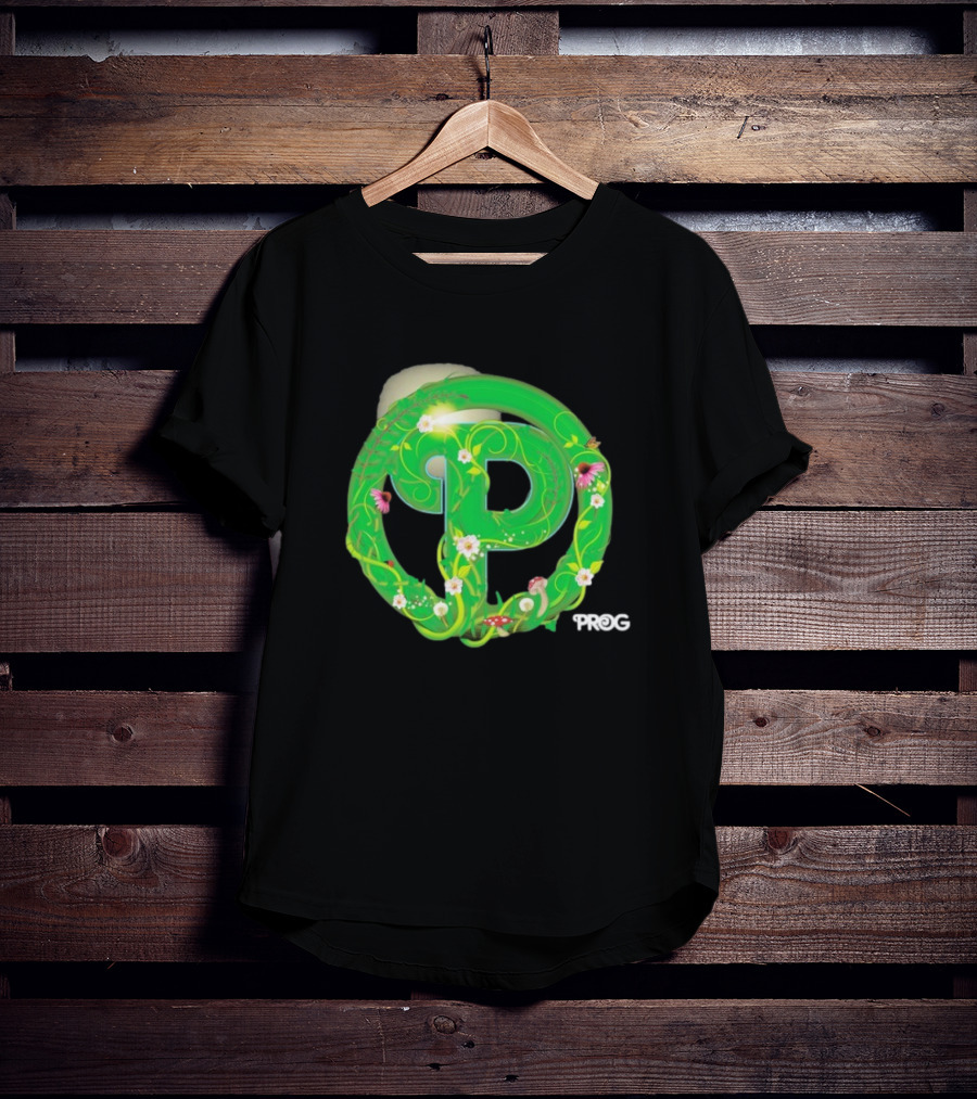 Prog Green Nature-Inspired Letter P With Flowers And Mushrooms T-Shirt