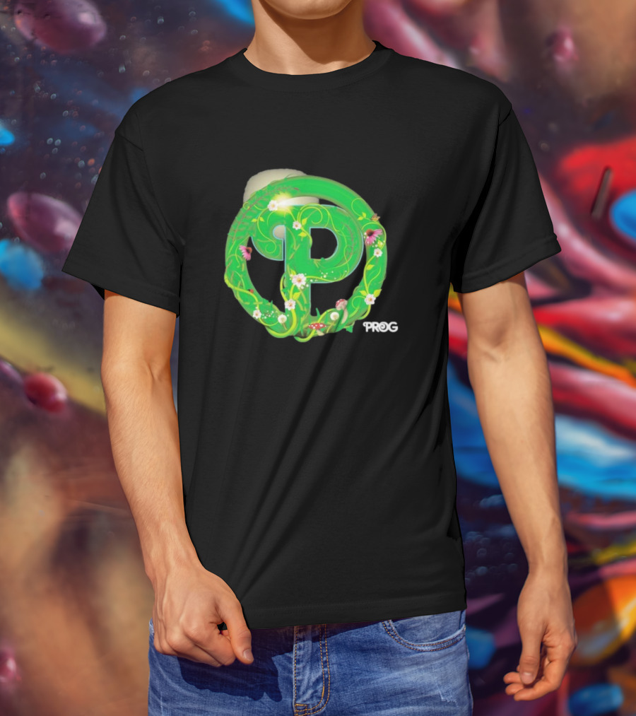 Prog Green Nature-Inspired Letter P With Flowers And Mushrooms T-Shirt