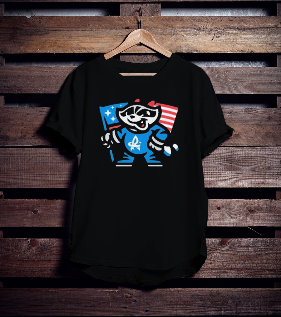 Rocket City Trash Pandas Mascot Holding American Flag And Rocket Logo T-Shirt