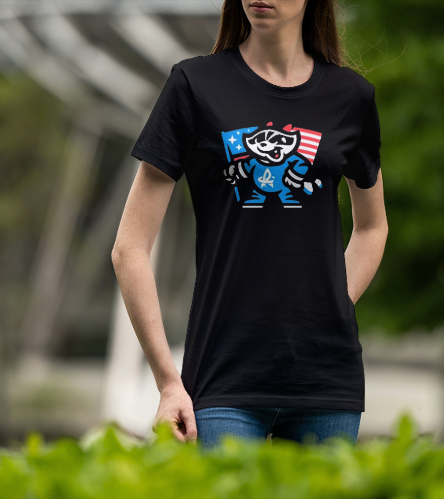 Rocket City Trash Pandas Mascot Holding American Flag And Rocket Logo T-Shirt