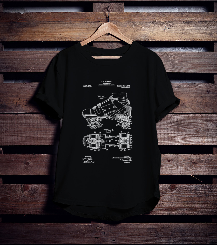 Roller Skate Patent Drawing With Adjustable Shoe Mechanism And Wheel Assembly T-Shirt