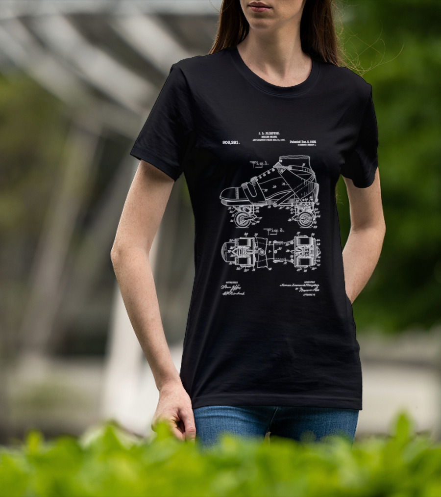 Roller Skate Patent Drawing With Adjustable Shoe Mechanism And Wheel Assembly T-Shirt