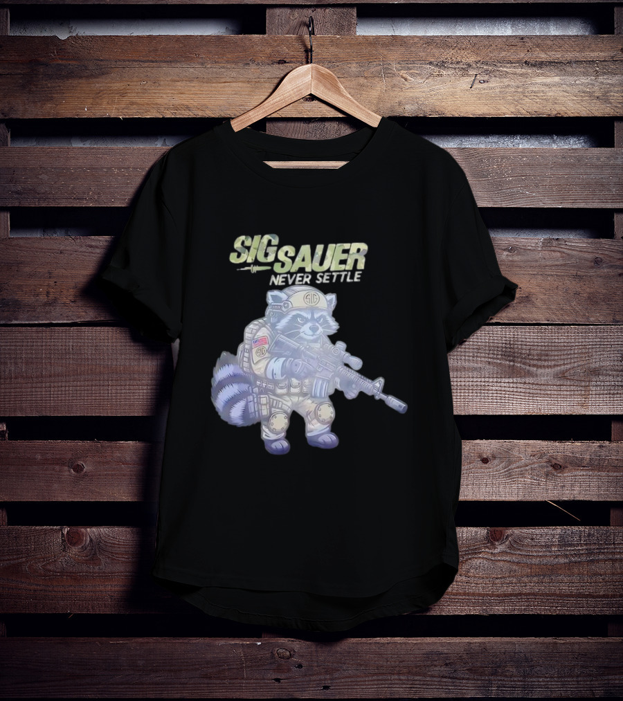 Raccoon Soldier Sig Sauer Never Settle Tactical Gear T-Shirt