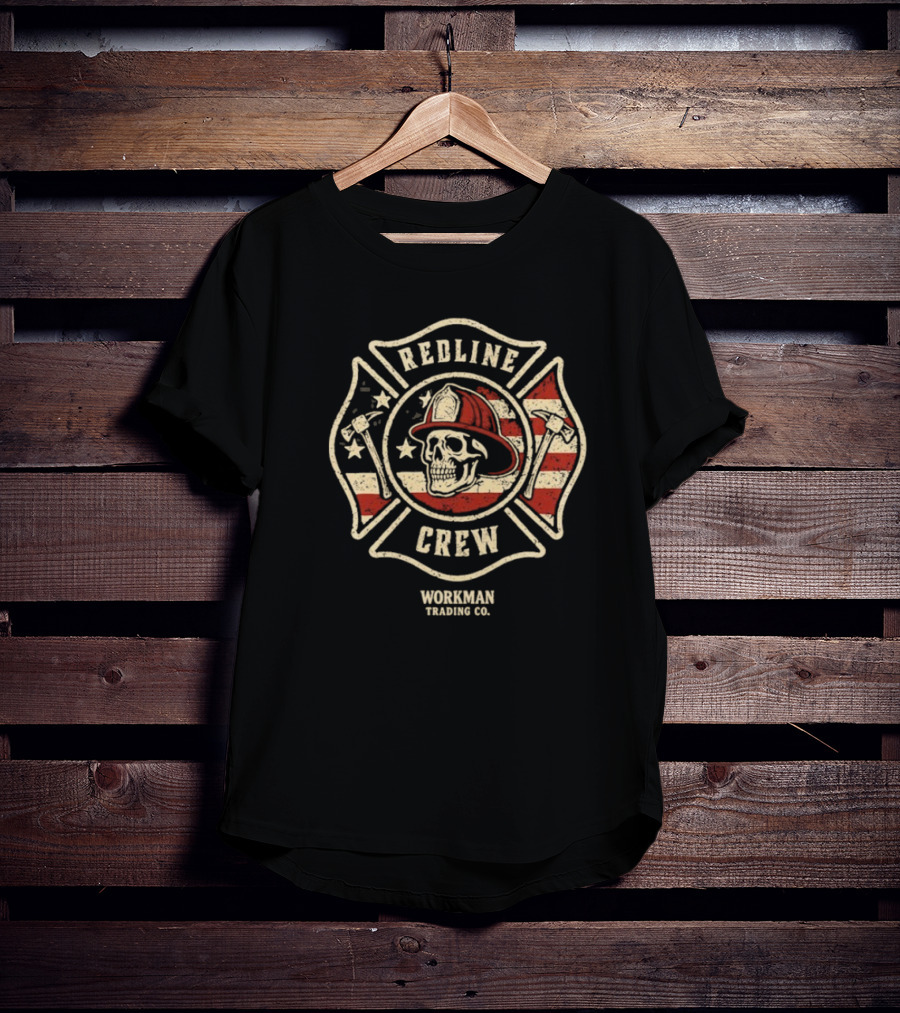 Redline Crew Workman Trading Co Skull Firefighter American Flag T-Shirt
