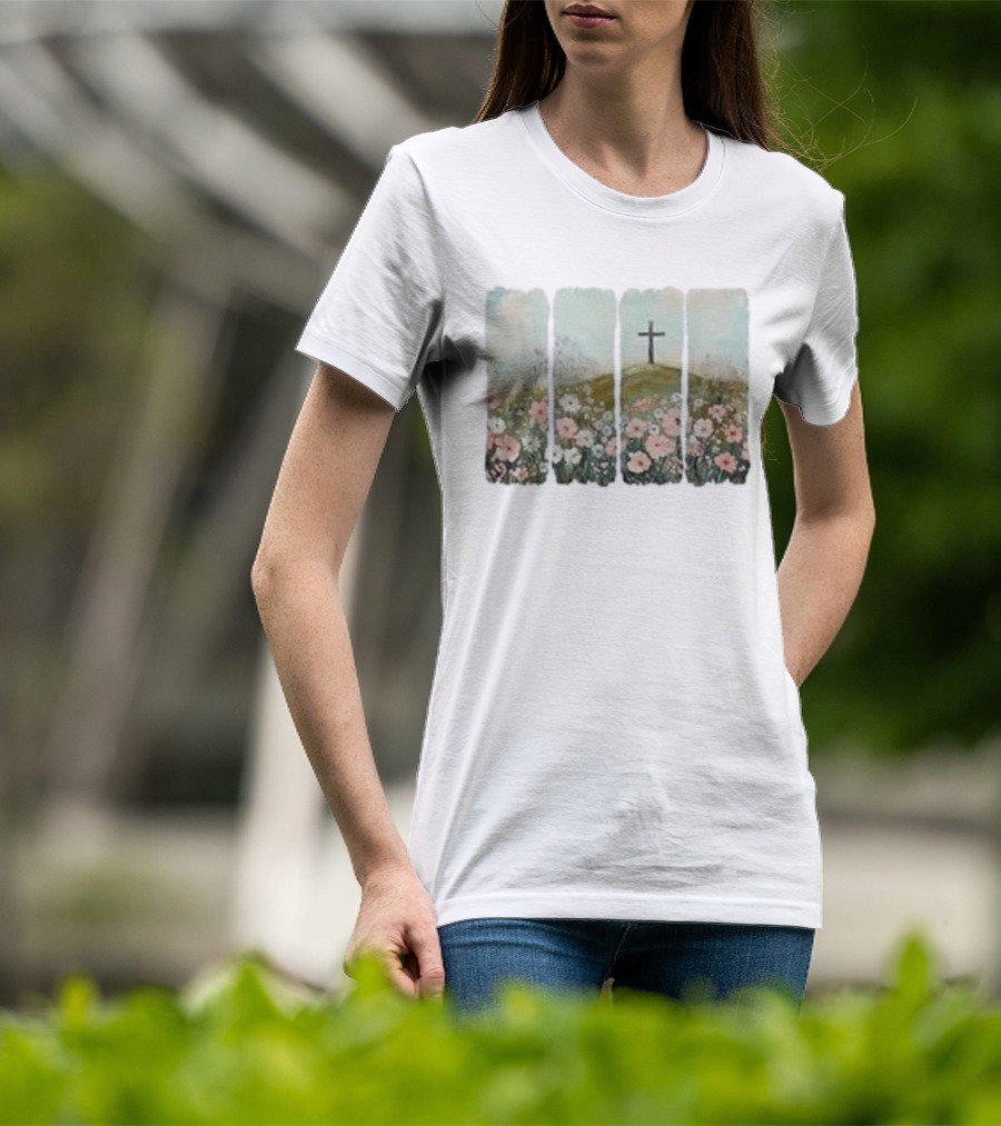 He Is Risen Christian Wildflower Cross Easter Women Girls T-Shirt