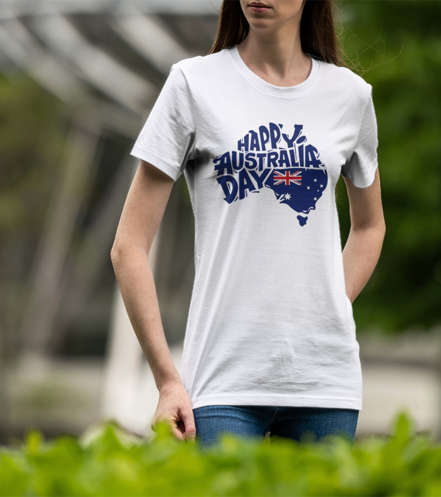 Happy Australia Day Map With Flag Inside Text T-Shirt