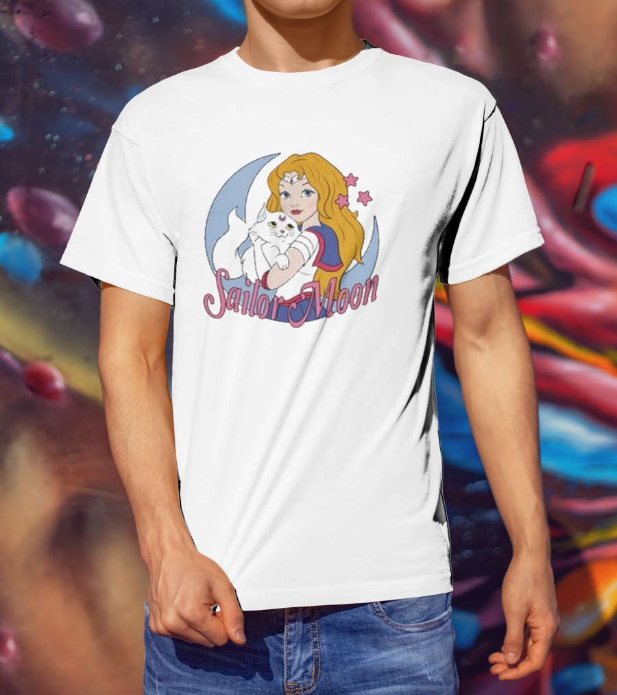 Sailor Moon Holding White Cat With Stars T-Shirt