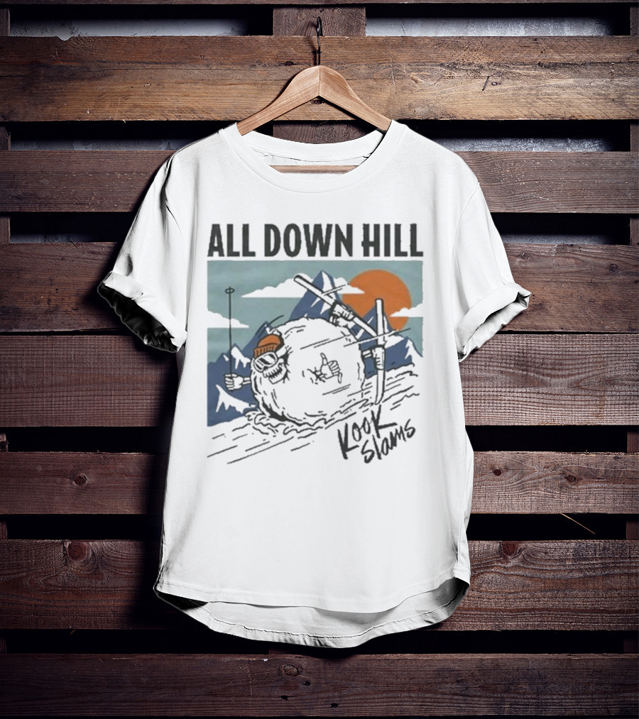 Kook Slams All Down Hill Skiing Adventure Orange Sunset Rugged Mountains T-Shirt