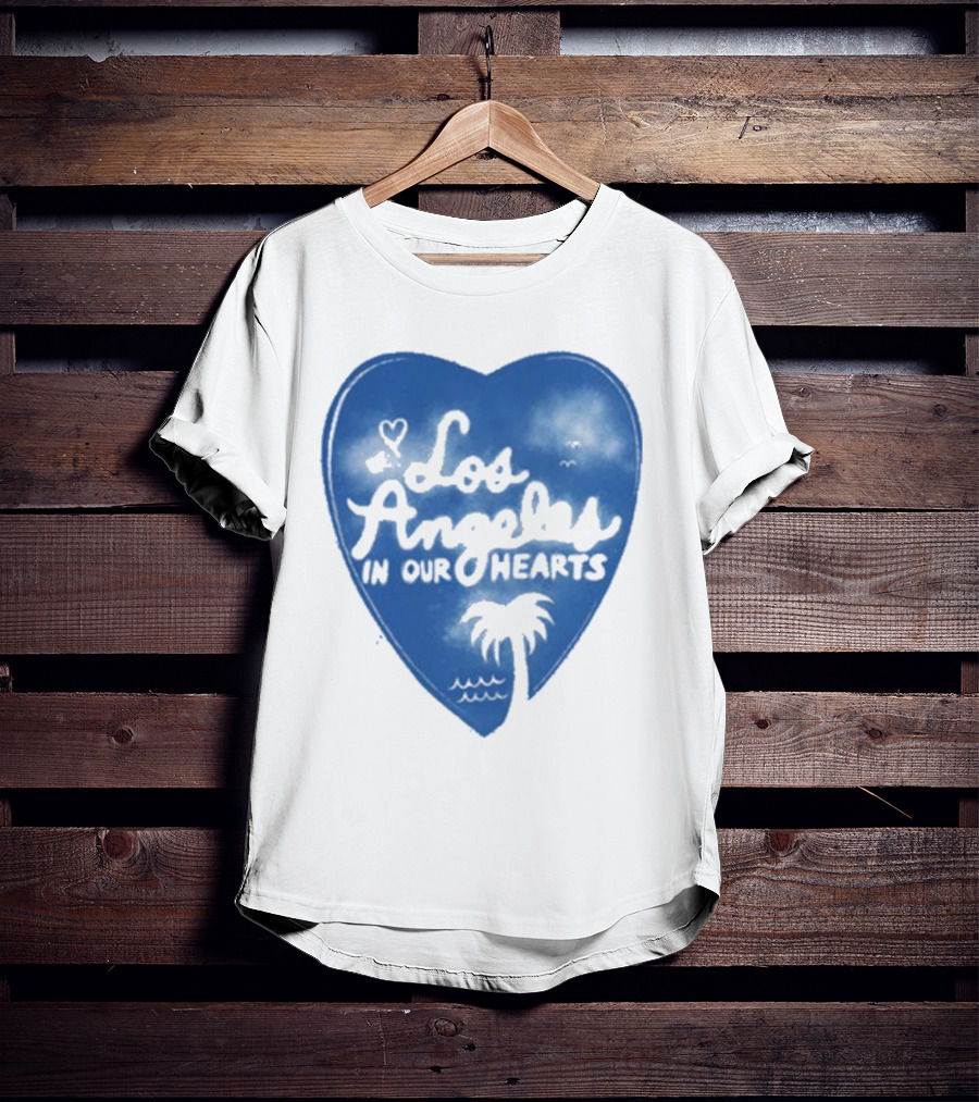 Los Angeles In Our Hearts Blue Heart With Palm Tree T-Shirt
