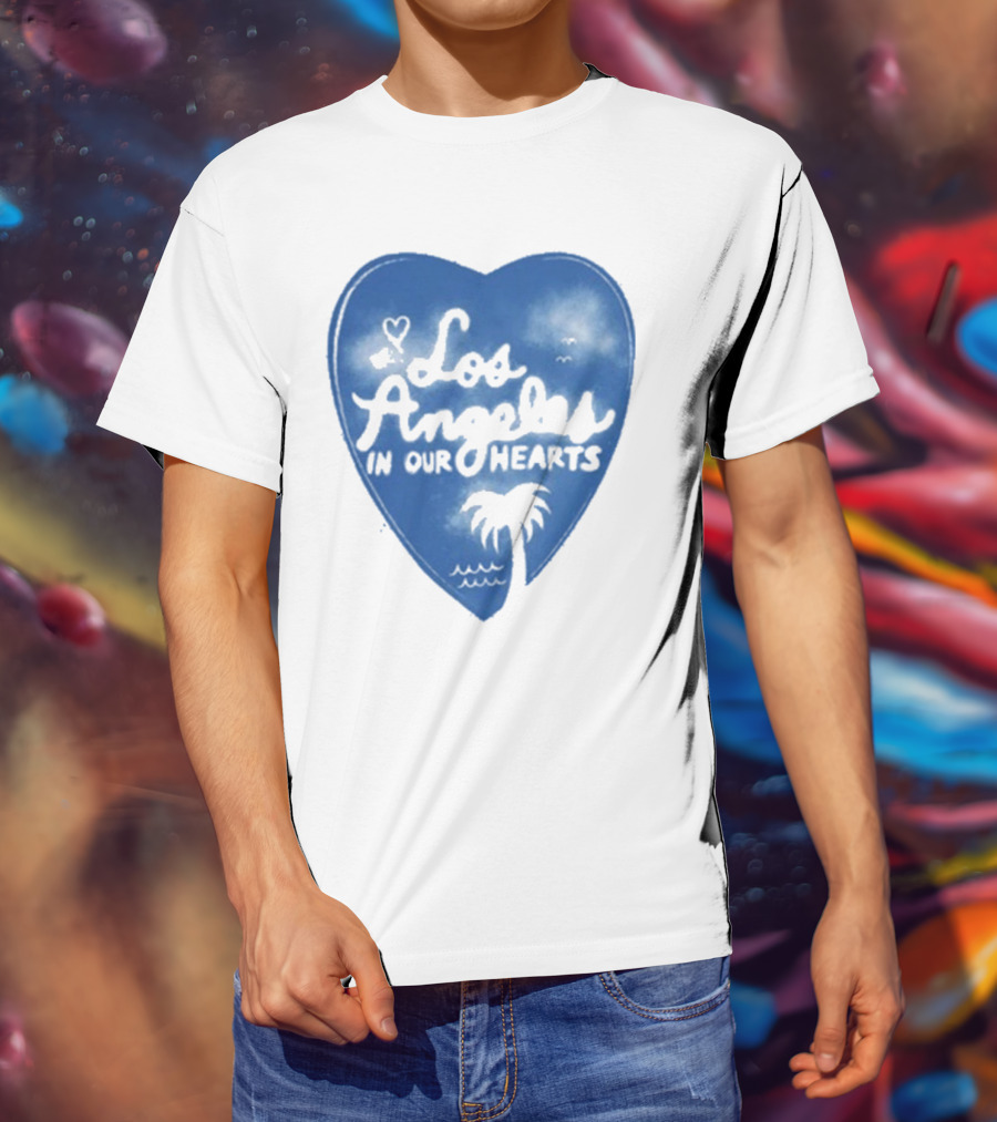 Los Angeles In Our Hearts Blue Heart With Palm Tree T-Shirt
