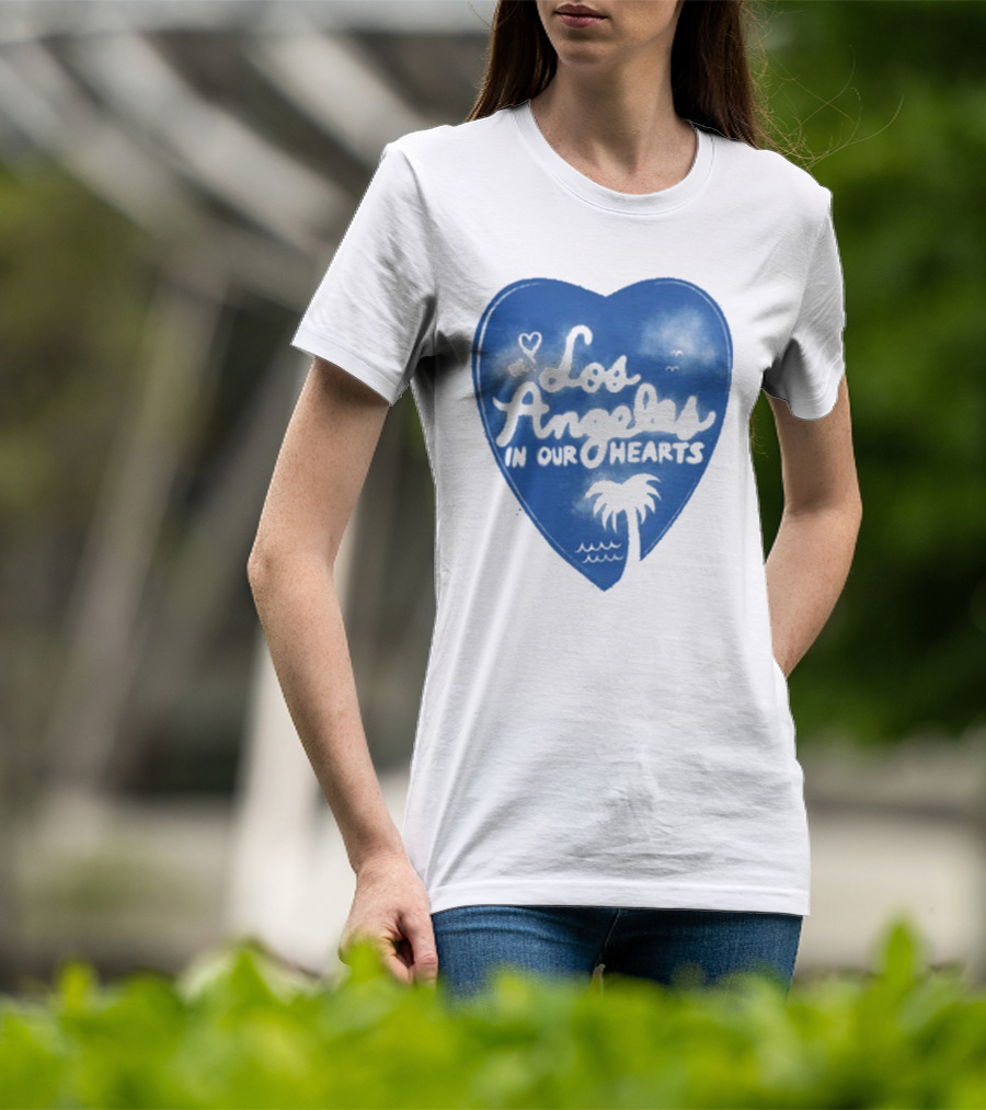 Los Angeles In Our Hearts Blue Heart With Palm Tree T-Shirt