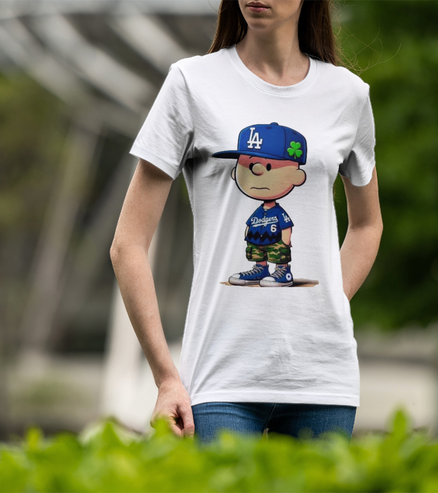 Los Angeles Dodgers Charlie Brown St. Patrick's Day LA Hat Clover Dodgers 6 Jersey T-Shirt