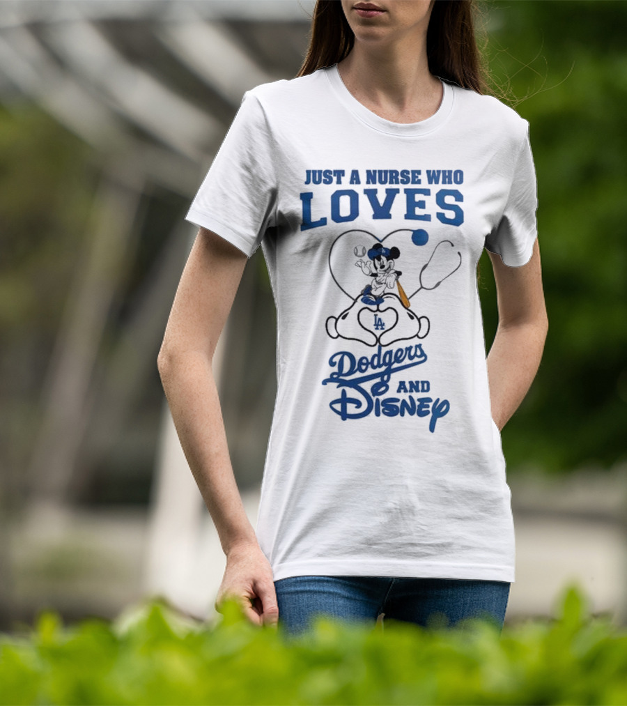Just A Nurse Who Loves Dodgers And Disney Mickey Mouse Baseball T-Shirt