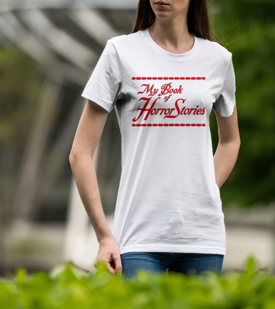 My Book Of Horror Stories Red Gothic Text With Chain Border T-Shirt