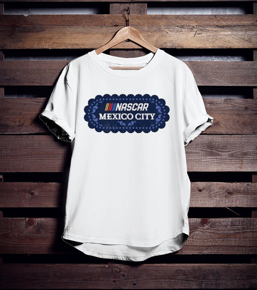 NASCAR Mexico City Scalloped Emblem With Colorful Stripes On Blue Background T-Shirt