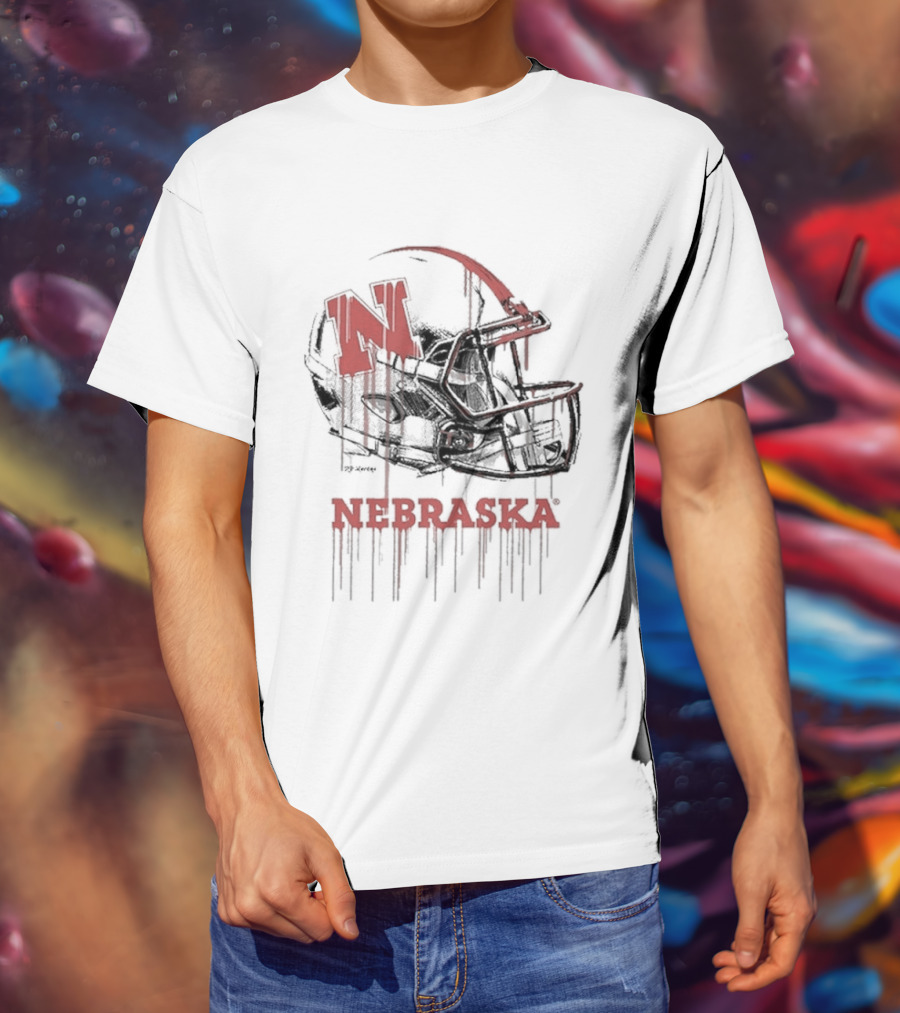 Nebraska Huskers N Dripping Football Helmet T-Shirt