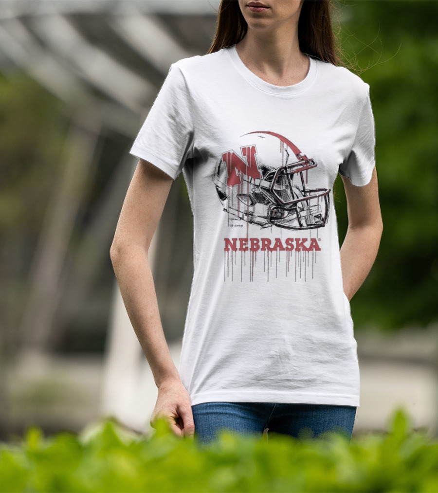 Nebraska Huskers N Dripping Football Helmet T-Shirt