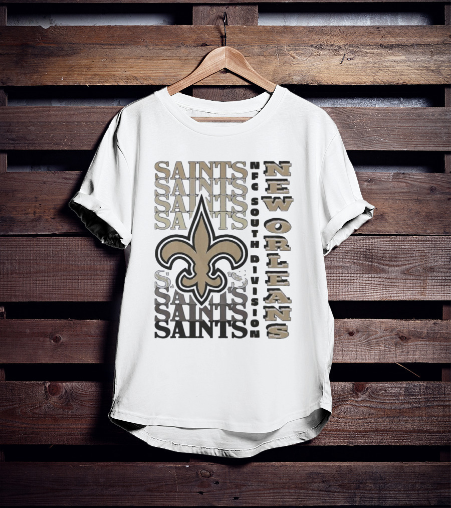 New Orleans Saints NFC South Division Fleur-de-Lis Saints Text Pattern T-Shirt