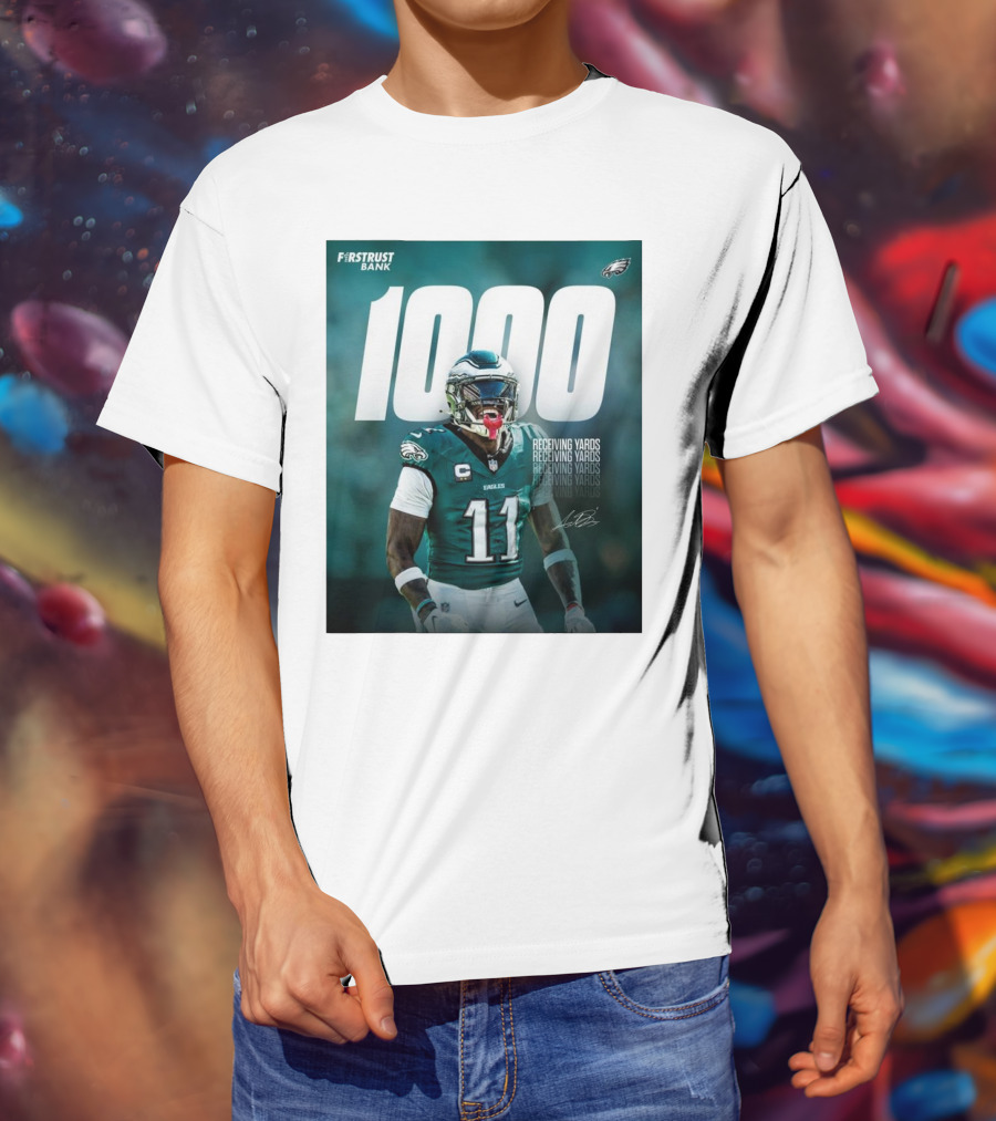 Philadelphia Eagles A.J. Brown 1000 Receiving Yards Signature Fly Eagles Fly NFL T-Shirt
