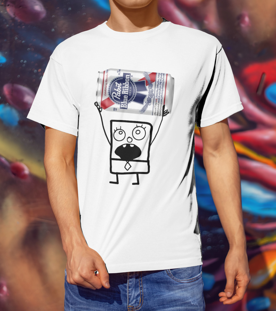 Pabst Blue Ribbon Doodlebob SpongeBob SquarePants Canned Beer Character T-Shirt