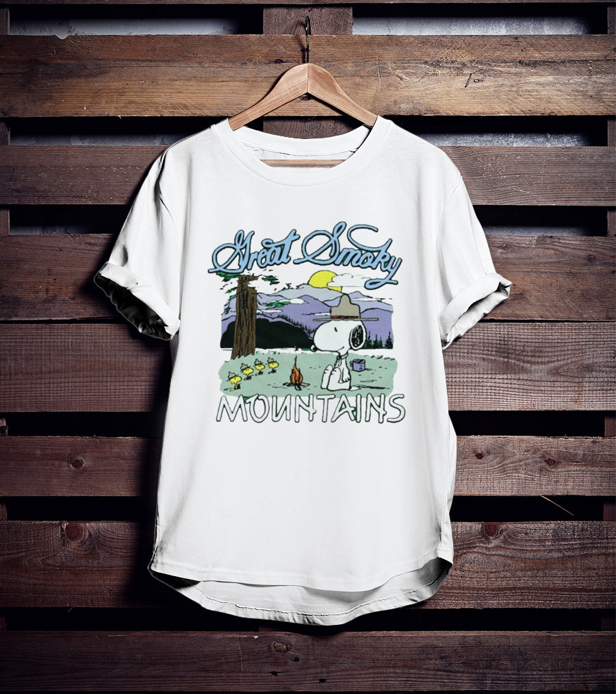 Snoopy Great Smoky Mountains Camping Scene With Woodstock Characters T-Shirt